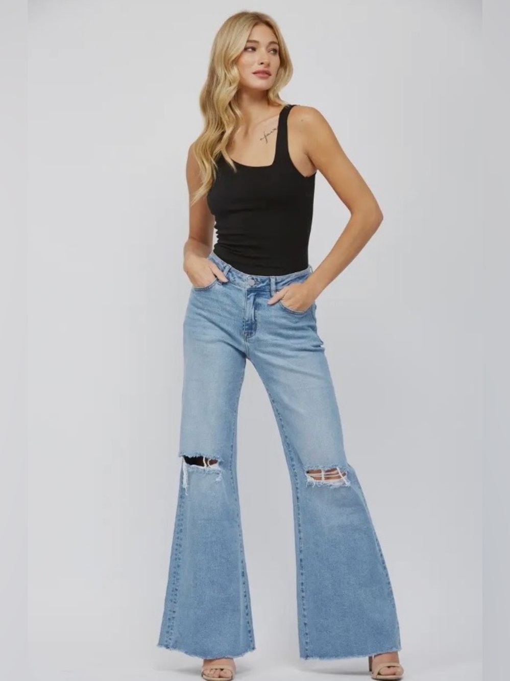 “California Cool” High-Waist Light Blue Distressed Flare Jeans